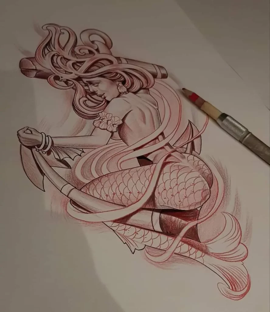Anker en zeemeermin tattoo design 