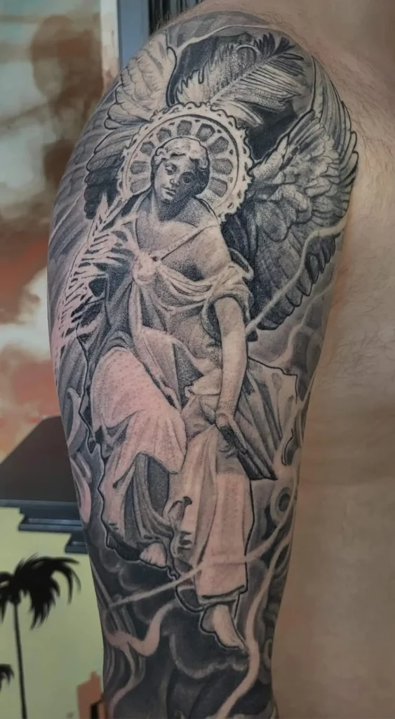 fine line black and gray single needle angel tattoo