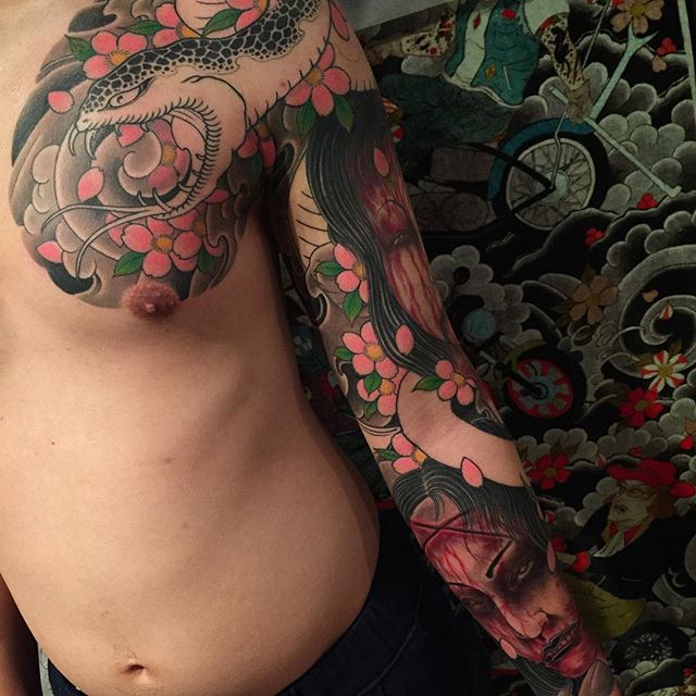 Japanse tattoo sleeve  Namakubi en slang sen irezumi