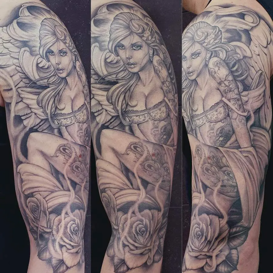black and grey sexy angel of engel tattoo