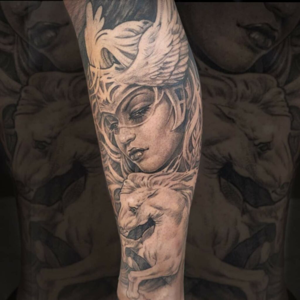 black and gray tattoo valkyrie viking