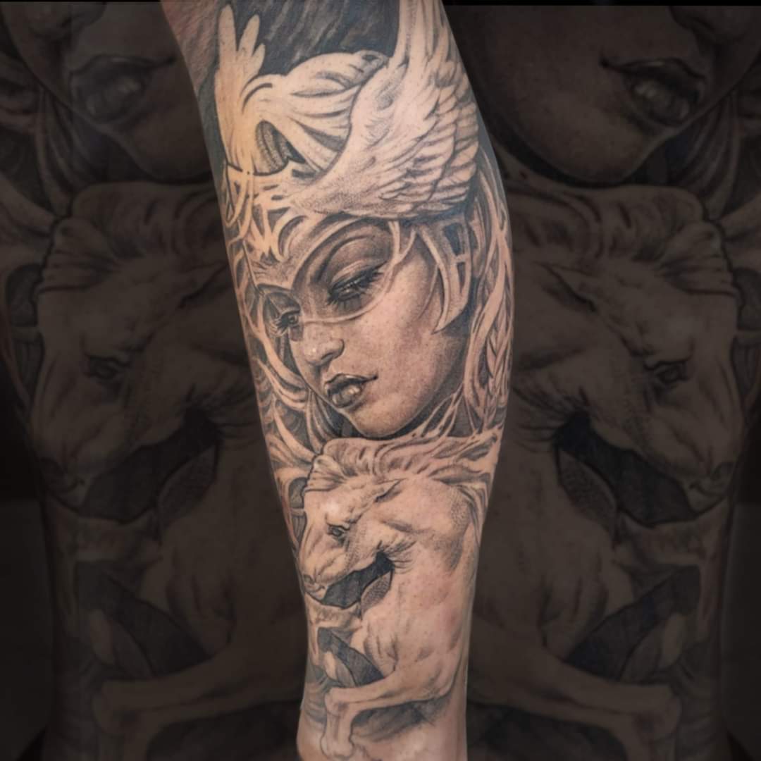 Valkyrie horse black and grey tattoo