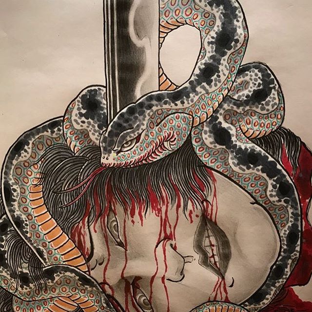 Japanse tattoo sleeve  Namakubi en slang sen irezumi