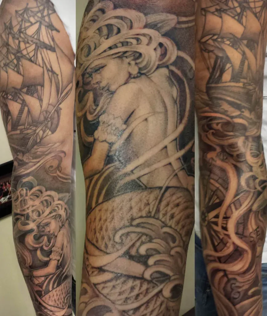 mermaid zeemeermin single needle tattoo